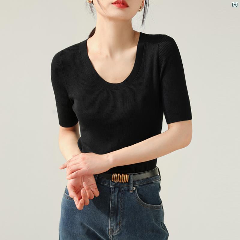 レディース ファッション　レディース　カジュアル　上品　綺麗　外出 U ネック テンセル 薄手 ピット ストリップ スリム インナーウェア 夏 半袖 プルオーバー ニット ボトム Tシャツ トップ グ