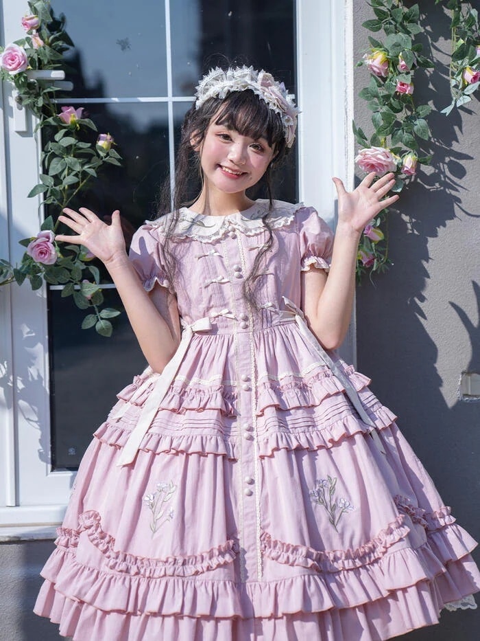 【2点購入で150OFF】【急速出荷】ロリータ ワンピース 半袖 ドレス 田園風 華やか 花柄 刺繍 ロング丈 フリル リボン 可愛い 萌え ゆめかわいい クラシカルロリータ クラロリ 甘ロリ カジュ