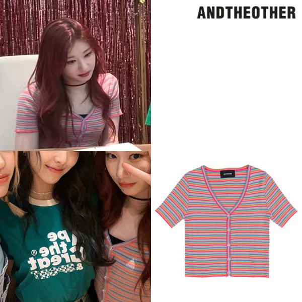[ANDTHEOTHER] itzy チェリョン 着用 ストライプ クロップド 半袖 カーディガン ピンク　韓国 クロップドトップス クロップドTシャツ