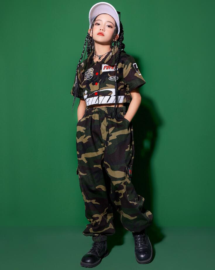 子供ヒップホップ レッスンダンスウェア 子供服 長ズボン キッズダンス衣装 迷彩パンツ 2点セット へそ出しトップス ストリート おしゃれ団体服 練習着 チーム衣装 応援団 jazz キッズジャズ 発 4,747円