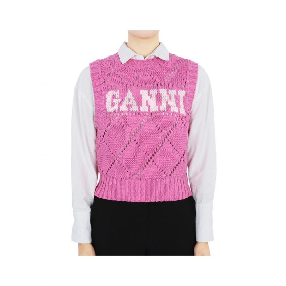 GANI 女性用ロゴジャカードニットベスト (ピンク) K2317 295