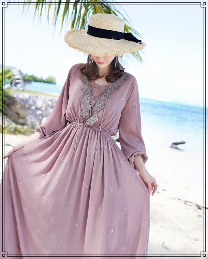 1888.レースアップ刺繍ワンピース 2019 春夏 sale 春夏 sale ドレス マキシ丈 シフォン 長袖 エレガント お呼ばれ パーティー 結婚式 披露宴 二次会 女子会 レストラン デート