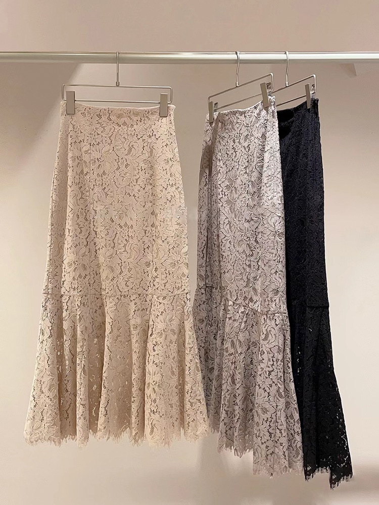 ハーフスカート レディースウェア 甘美 優雅 ハイウエスト スリム効果 レース 透かし模様 フィッシュテール ヒップライン強調 ハーフスリーブ ロングスカート 女性用