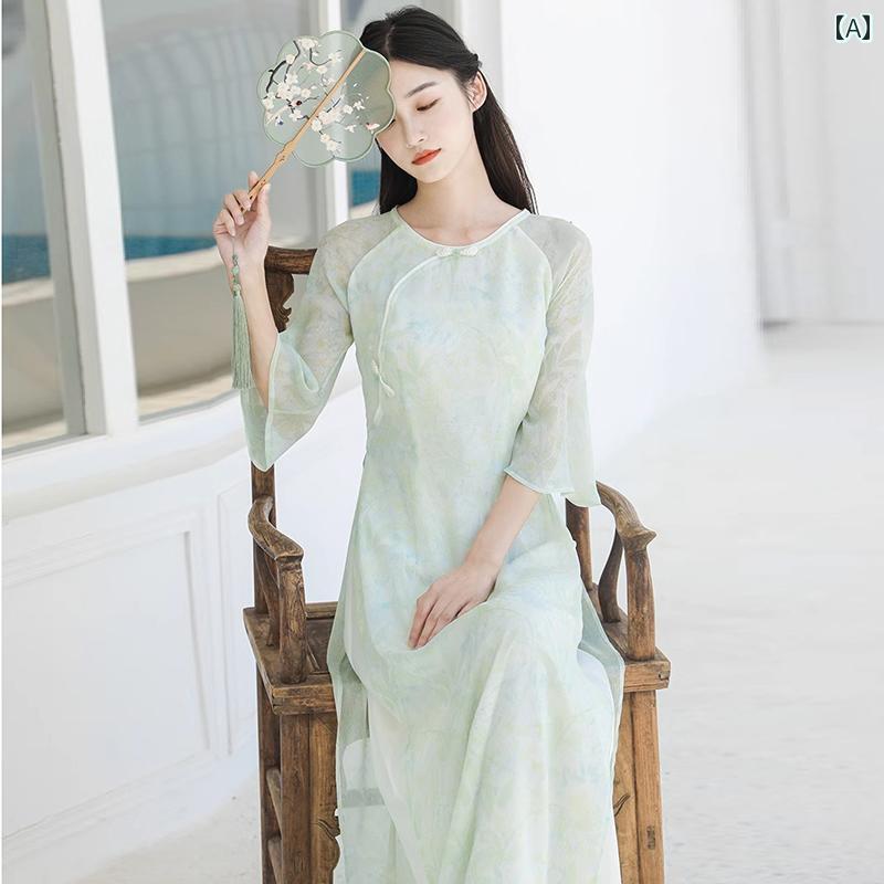 アオザイ チャイナドレス 夏 レディース ワンピース レトロ ウエスト 禅 グリーン