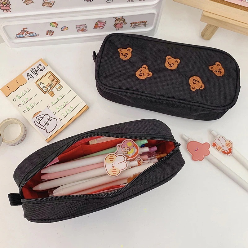 韓国インス可愛いクマ刺繍筆箱文具収納袋大容量筆箱携帯用化粧品袋