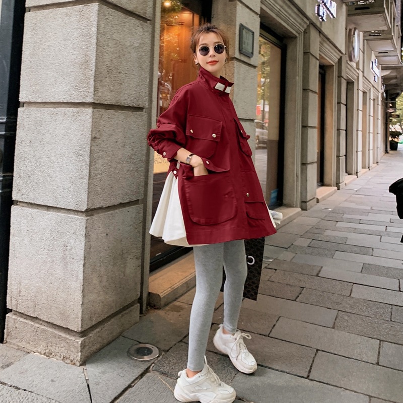 2023人気新作立ち襟ゆったりアウターレディース春服カーディガン韓国ファッション大きなポケットジャケット長袖トップス工装風衣短コート女