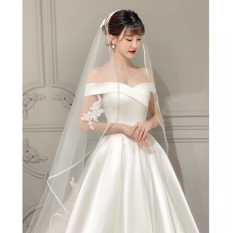 ワンショルダーウェディングドレス2025新作ブライダルメイン糸レトロサテン質感全面夏旅行写真撮影女性用