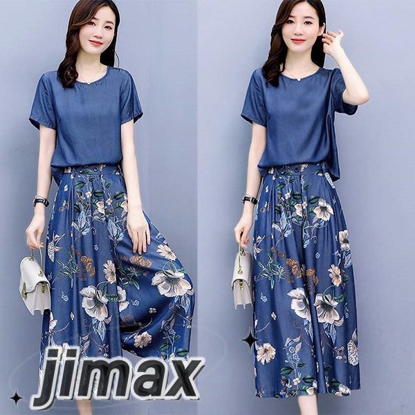 セットアップ レディース カジュアル 夏 春 半袖 20代 30代 40代 ブラウス デニム ワイドパンツ 上下セット きれいめ 花柄 カジュアル オシャレ 2点セット 通勤 着痩せ ホワイトデー