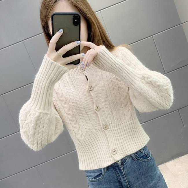 クロップ丈 ニット カーディガン レディース 長袖 3色 ハイネック スタンドカラー ケーブル編み ロングカフス メロウ バイカラー キュート 大人可愛い シンプル カジュアル 大人 上品 春 秋 冬