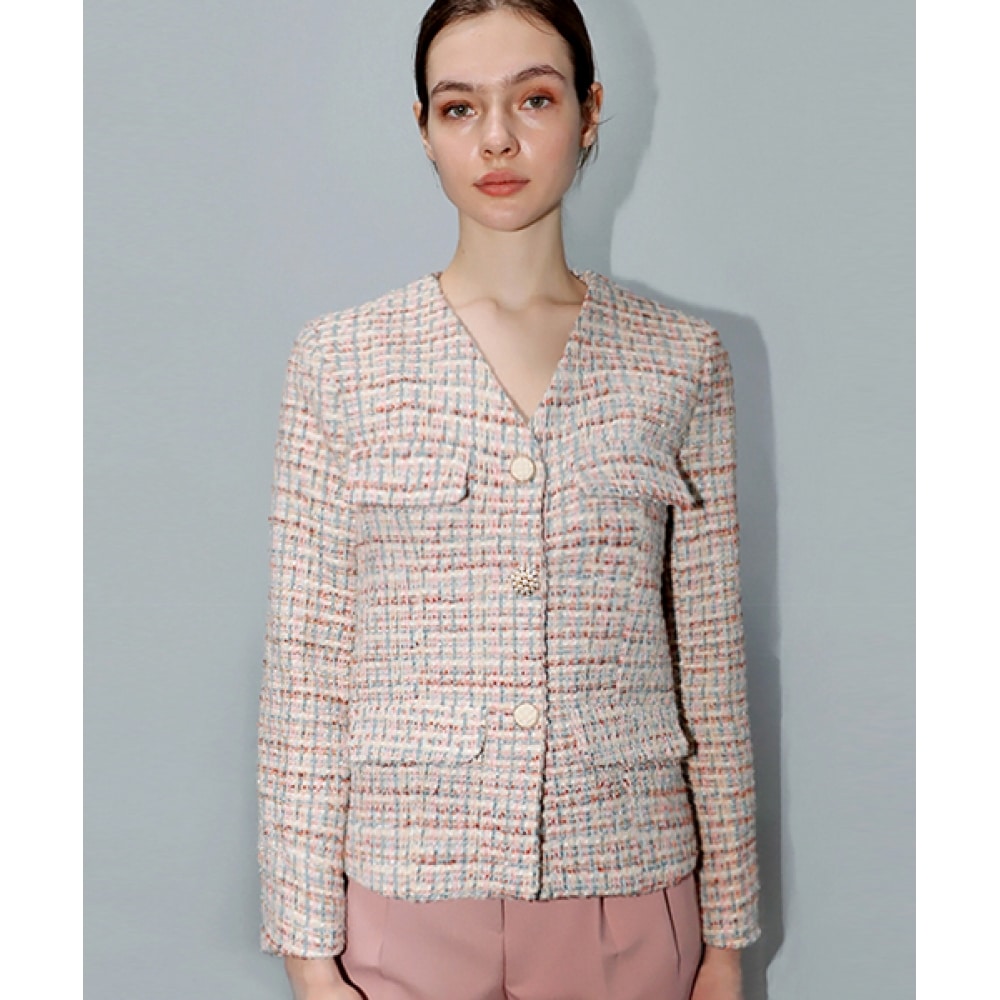 DAMAGE MNEMONICピンクツイードVネックジャケット_Pink Tweed V-neck JK