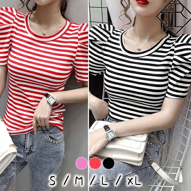 【即納】カットソー レディース Tシャツ カジュアル 半袖 トップス シンプル 大きいサイズ 春 夏 秋 薄手 パフスリーブ ボーダー タイト 袖あり バイカラー 旅行 通学 通勤 デート お出かけ 5,152円