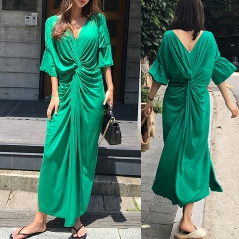 レディース フロントねじれワンピース ツイストマキシワンピース ワンピース dress