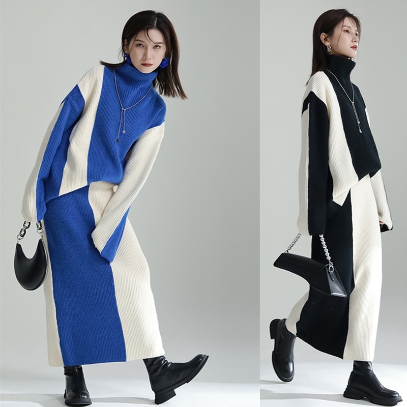 【J.Fashion】黒白 ドッキング 上下セット 秋冬 「ニット＋スカート」ワンピースセット タートルネック ニットセットアップ ドレス ロングワンピース メガ割