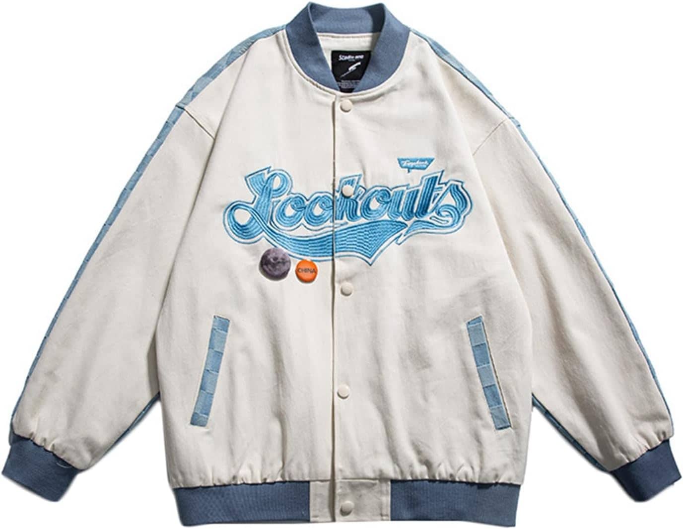 メンズ スタジャン ブルゾン 刺繍 パッチワーク バイカラー スタジアムジャンパー カッコイイ ショート ヒップホップ ストリート 春服 長袖 ジャケット 薄手 アウター 山登り 釣る 男女兼用 トッ