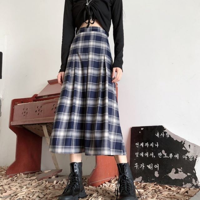 フレアスカート ロング チェック ロングスカート レディース スカート チェック柄 ミモレ スカート aライン ハイウエスト ウエストゴム タック 格子 青