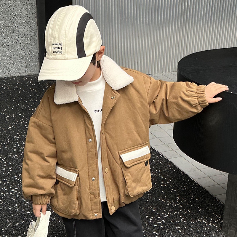 男の子用ラビットファーパイ克服子供用ベルベット厚手ジャケット2024年秋冬新スタイル男の子用冬綿服