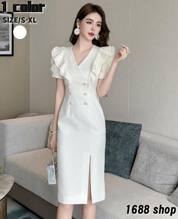 最新の製品 2025 タイトワンピース 姫系ワンピース　シンプル　ワンピース インポート ひざ丈 ミドル丈 エレガント　韓国ファッション シンプル Vネック パーティドレス 半袖　お嬢様 セクシー ミ