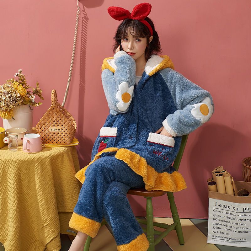 裏起毛ファッション スイート ホームウェア フランネル お肌に優しい パジャマ 裹起毛 カートゥーン パジャマ 厚手 ウォーム 可愛い 柔らかい