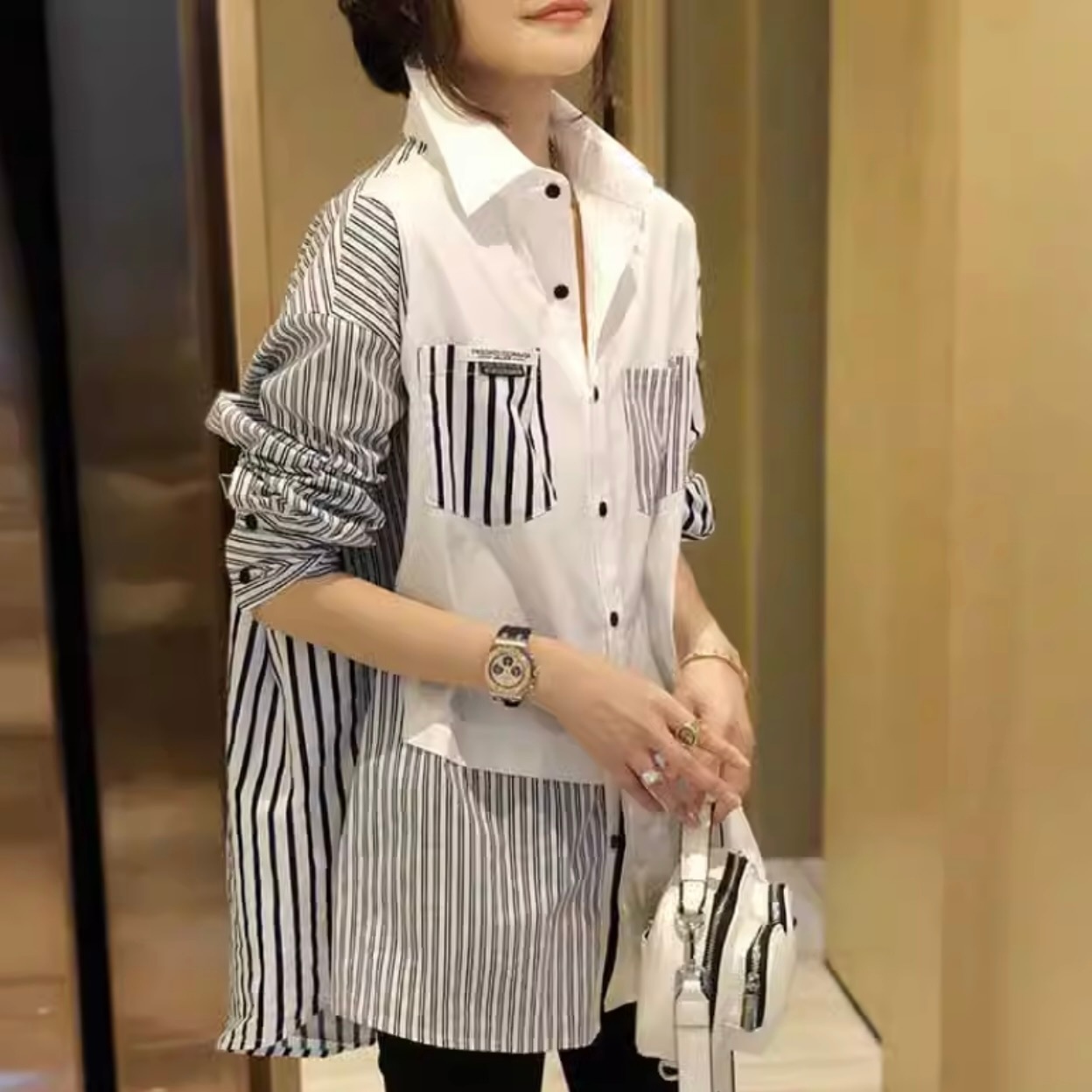 トップス シャツ ミディアム丈 袖あり 長袖 萌袖 襟付き 切り替えデザイン 前開き かわいい 大人可愛い きれいめ シンプル カジュアル 大人 上品 おしゃれ 大人女子 こなれ感 ラフ マニッシュ