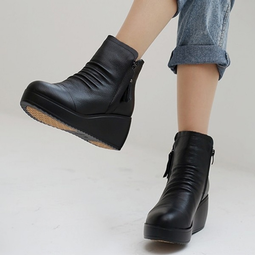 (Ninaspari) サイドジップタッセルアンクルチャンキーヒール