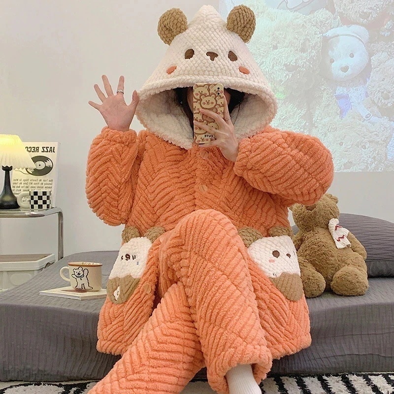 人气作着ぐるみパジャマ冬の厚サンゴの綿毛かわいいパジャマカーディガン可愛い保温連帽部屋着着外着セット