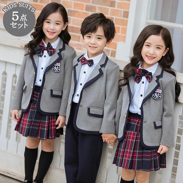 卒業式 スーツ 女の子 男の子 5点セット 小学生 中学生 子供スーツ フォーマルスーツ チェック柄 プリーツスカート パンツ 卒業式服 卒服 卒業式スーツ ジュニアスーツ フォーマル 入学式 スーツ