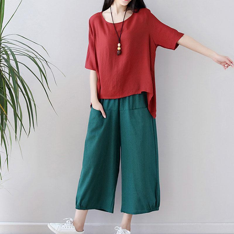 綿麻セットアップ レディース 上下セット ルームウェア 半袖 パンツ ワイドパンツ 部屋着 大きいサイズ きれいめ 夏 薄手 カジュアル 体型カバー 着痩せ