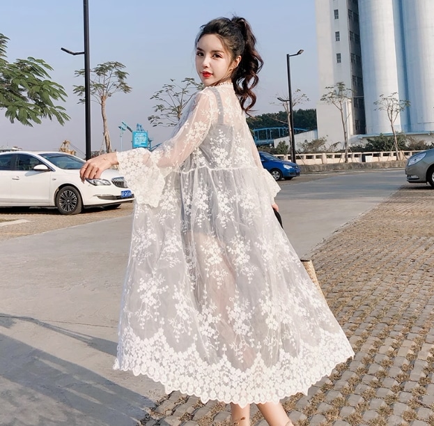 レディース 羽織 前開き 7分袖 レース 刺繍 チュール シフォン フリル かわいい 大人可愛い きれいめ シンプル カジュアル 上品 おしゃれ かっこいい レトロ アジアン エスニック エキゾチック