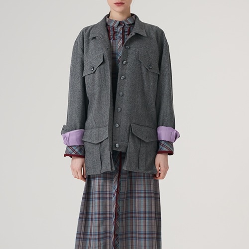 [W] Genderless Wool HERRINGBONE Oversize fit Blouson_GRAY
