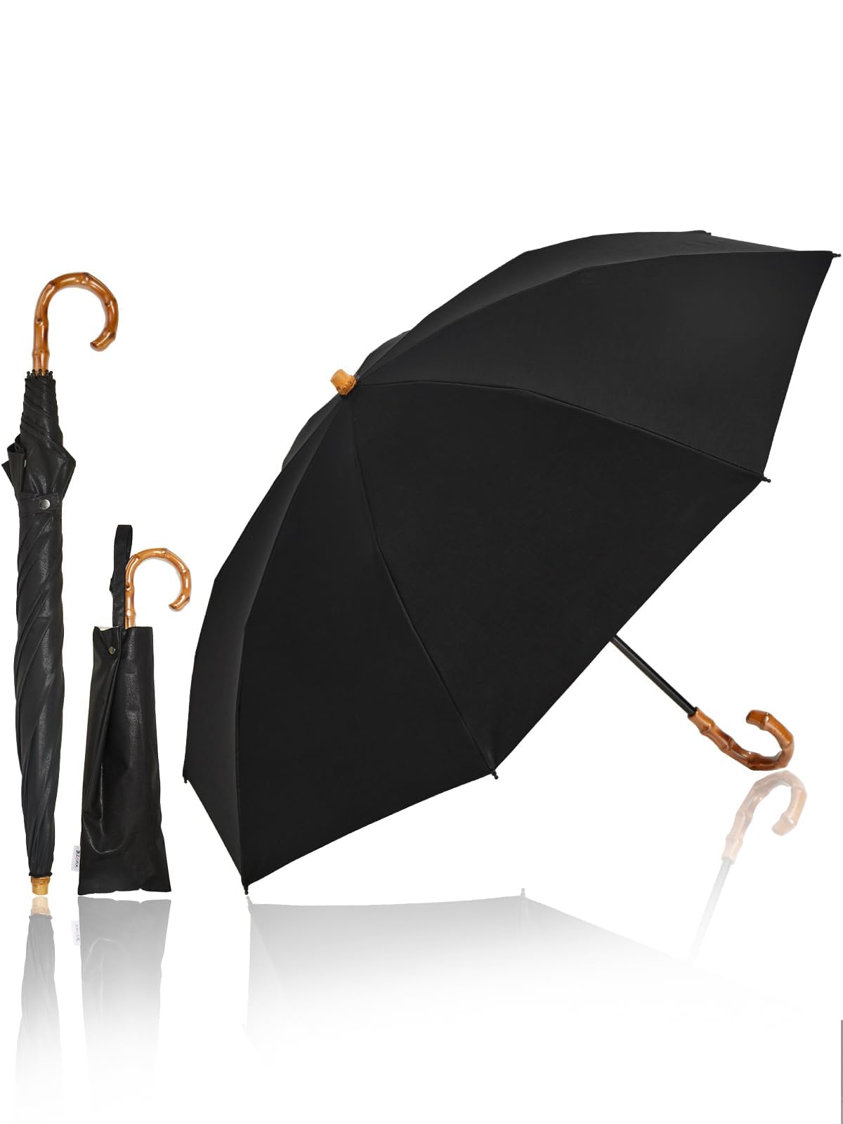 KIZAWA 日傘 折りたたみ 二段式 シルキー光沢生地 逆折り 2段折り 長傘 uvカット 100 遮光 折り畳み 完全遮光 レディース 焼き竹風持ち手 遮熱 おりたたみ傘 風に強い 暑さ対策