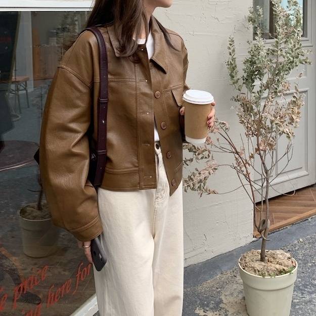 2color レディース アウター ジャケット コート ショート ショート丈 フェイクレザー 襟付き