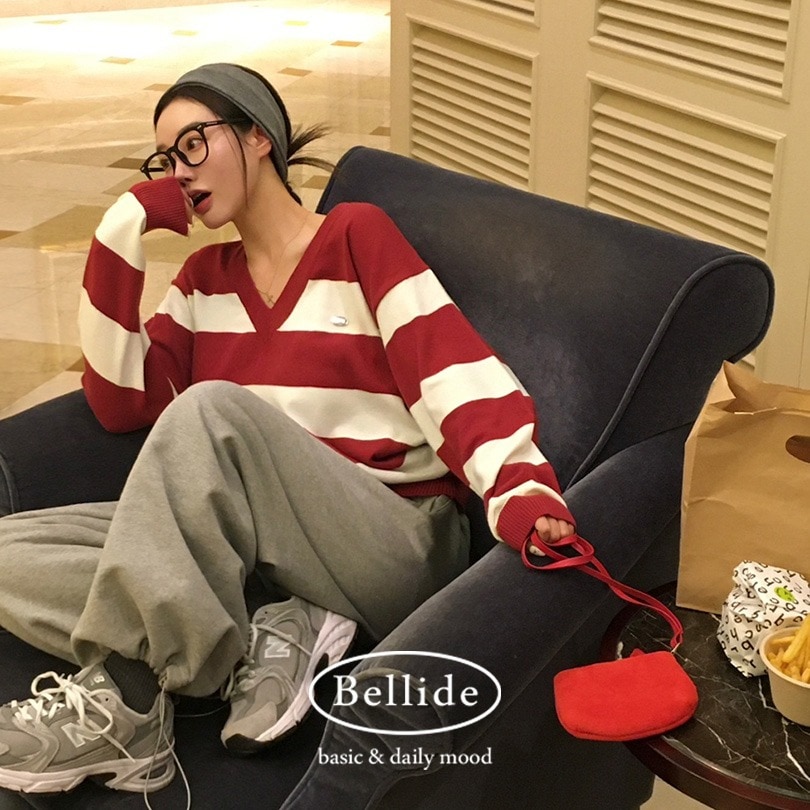 [MADE] ストライプディープVネックニット nt1299