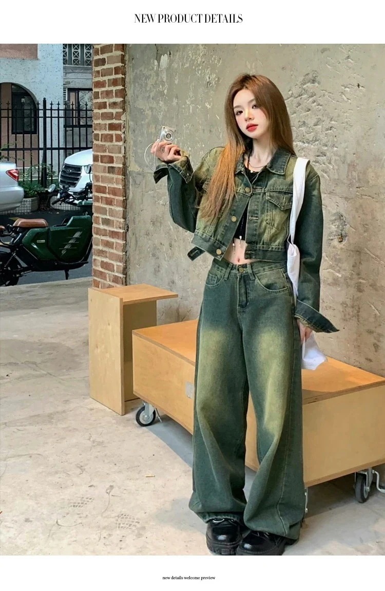 工ガ割-デニムジャケット デニムパンツ セットアップ ジーンズ ジーパン ショート ワイド パンツ ストレート アウター 羽織り ウォッシュ 学生 カジュアル 上下セット ハイウエス