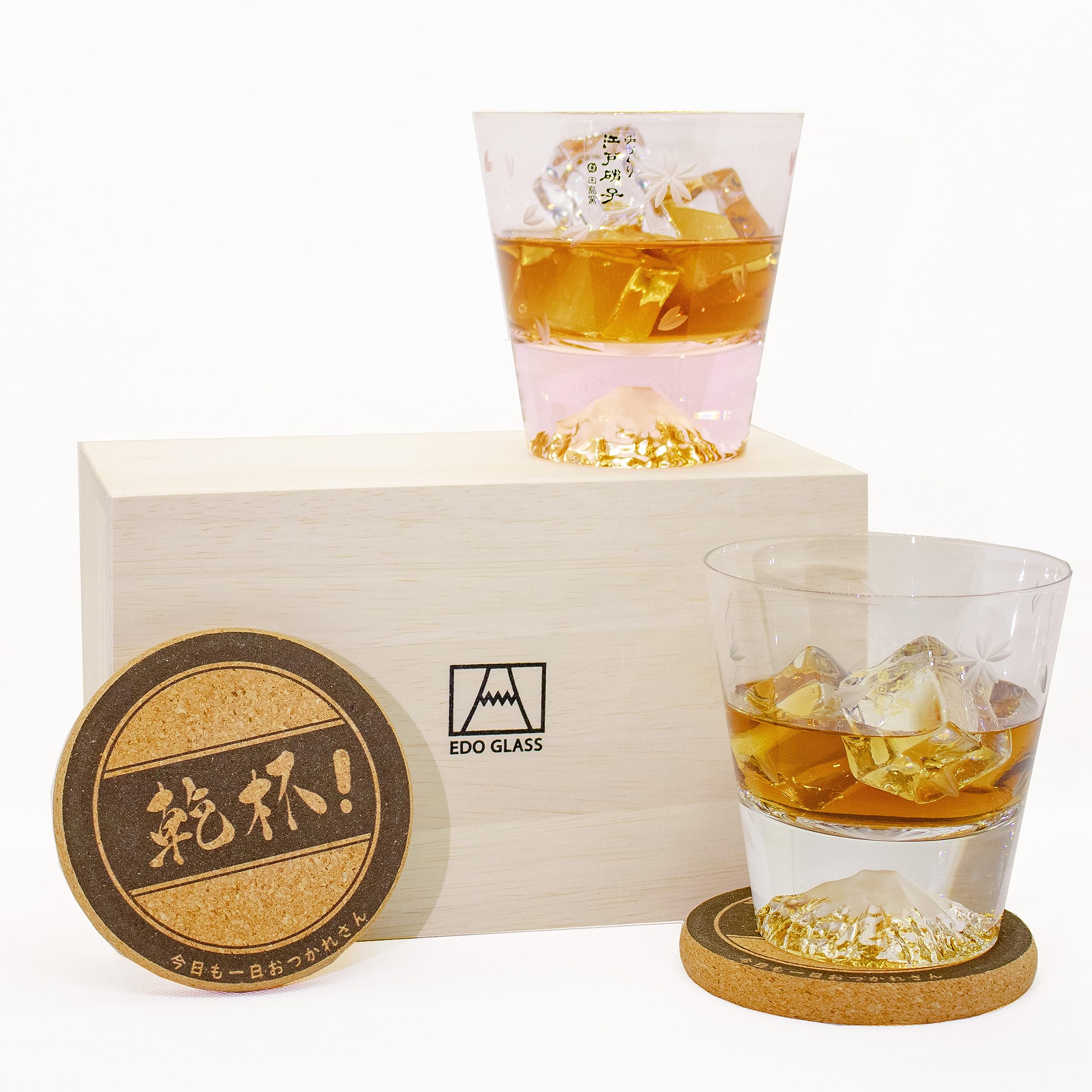 【ギフト/贈り物】[正規品]田島硝子日本製手つくり富士山ロックグラス 桜切子桜風呂敷包み 田島硝子ペアセット コースター付き富士山ロックグラスペアセットバレンタイン結婚祝い プレゼント ビール日本酒ウ