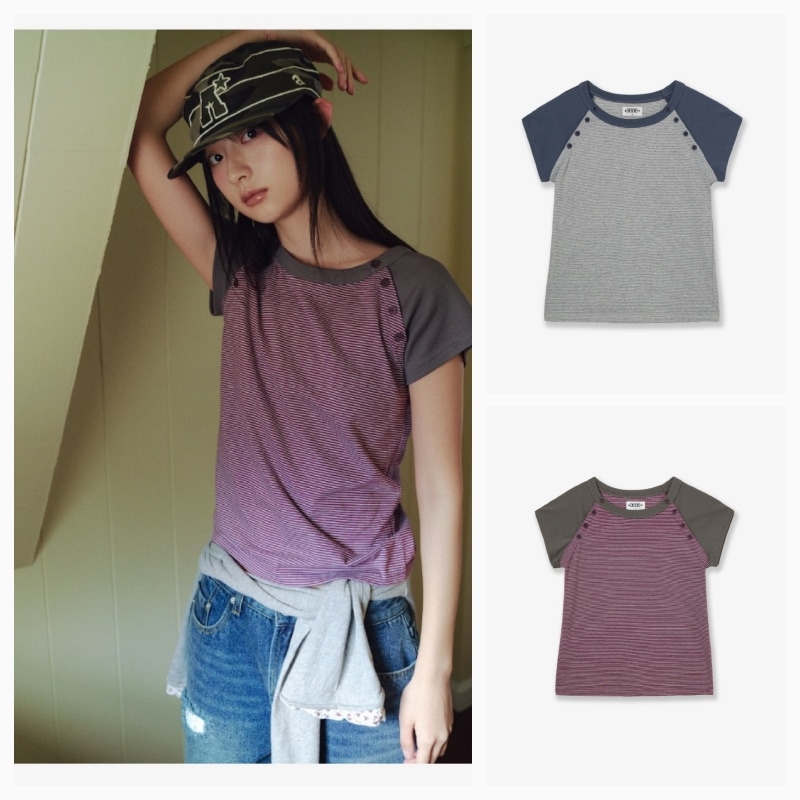 【aeae】 26SS STRIPE BUTTON RAGLAN TEE : 2COLORS