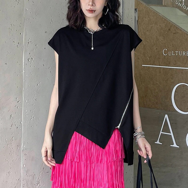 香港風が不規則に肩に落ちた大きいサイズ 半袖tシャツレディース夏の薄いデザイン感がティーシャツ