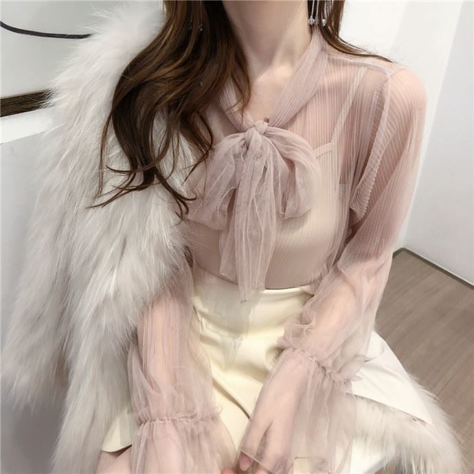 2479．ボウタイシースルーブラウス（アプリコット）2019　春夏　通学　通勤　カジュアル　大人　可愛い　お出かけ　ショッピング　女子会　ランチ　カフェ　デート　お呼ばれ