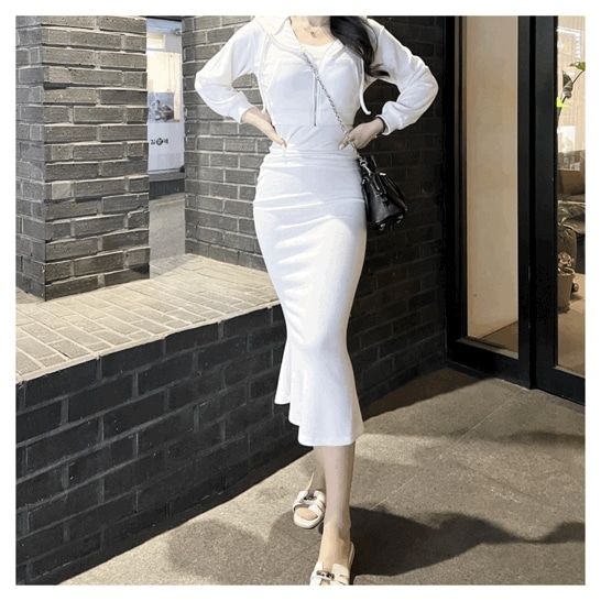 クロップジップアップ マーメイド ワンピース セット(2color) 四季着用 レディースクアンクルック 44-66