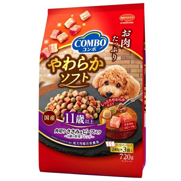 （まとめ買い）日本ペットフード コンボ ドッグ やわらかソフト 11歳以上 角切りささみ/ビーフ 野菜ブレンド 720g 犬用フード [x5]