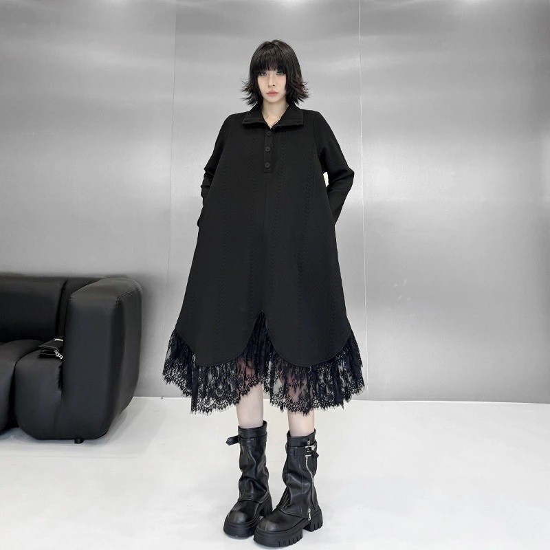 【Noir Mode】 秋冬 ロング 無地 スタンドカラー レース切り替え ワンピース デザイン性 ブラックコーデ 大きいサイズ レディース 体型カバー ロングスリーブワンピース ロングワンピース シ