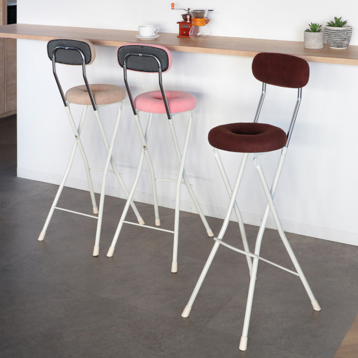 折りたたみ椅子 座面高75cm ハイタイプ ドーナツクッション 背もたれ付 スイーツチェア カウンターチェア バーチェア 椅子 チェア いす 折りたたみ 高め 日本製 キッチン カウンター