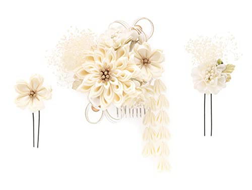 [] (ソウビエン) 髪飾り 成人式 ドライフラワー つまみ細工 水引 3点セット 振袖 卒業式 袴 菊 藤 かすみ草 小花 ぶら飾り コサージュ A ホワイト(kaz7364tw)