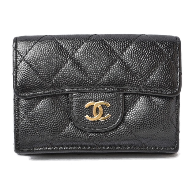 シャネル コインケース/ミニ財布 CHANEL コンパクトウォレット/A84401/3つ折り財布 キャビアスキン クラシック A84401 ブラック二つ折り財布