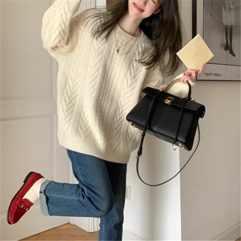 セーター ニット トップス クルーネック ケーブル 切り替え ワイド ビッグシルエット ドロップショルダー 長袖