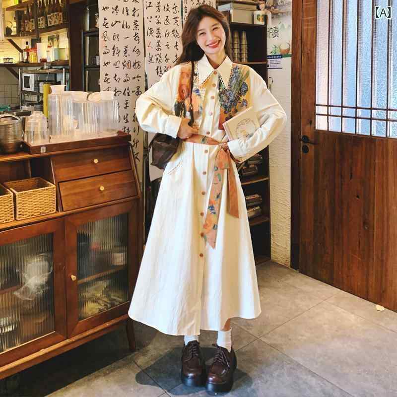 ワンピース ドレス レディース 新型 チャイナ風 民族 風 プリント シャツ ワンピース レディース 春秋 2025 新型 フランス 風 ハイエンド ウエスト ロング スカート