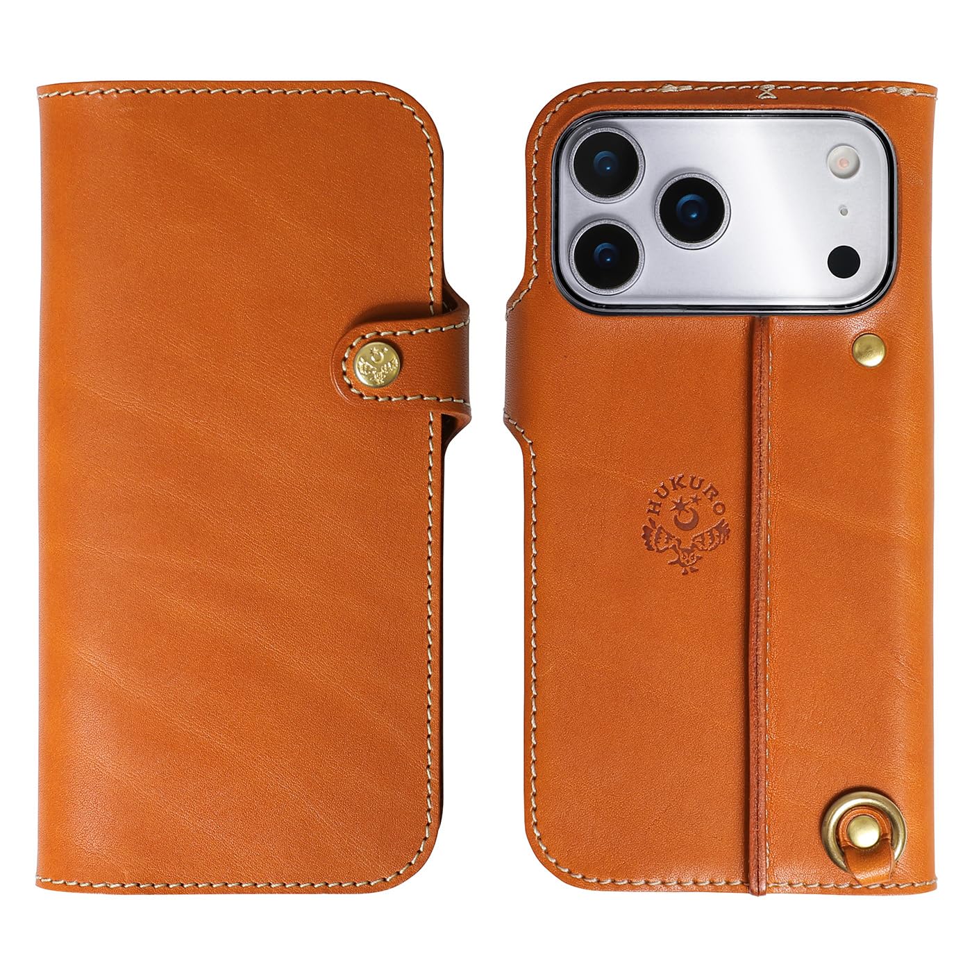 [HUKURO] iPhone17 Pro Max 互換品 手帳型 ケース 栃木レザー 本革 スマホケース 落下防止 グリップ カバー ストラップホール 持ちやすい 日本製 フクロ ライトブラウン