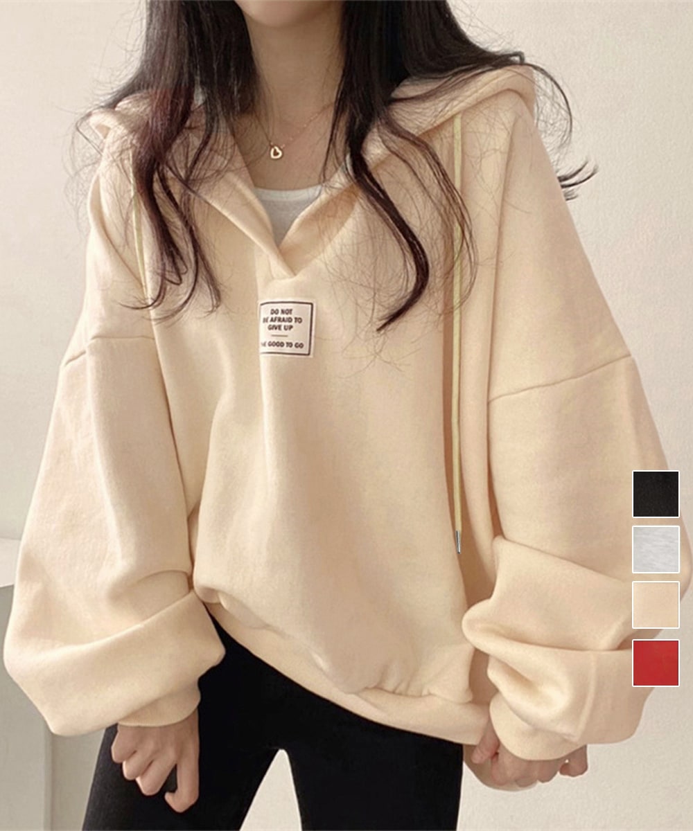 国内即納 パーカー フード付きVネックプルオーバー レディース ゆったり BF風フーディー ボリューム袖 トレーナー ビッグシルエット スウェット カジュアル ロゴトップス