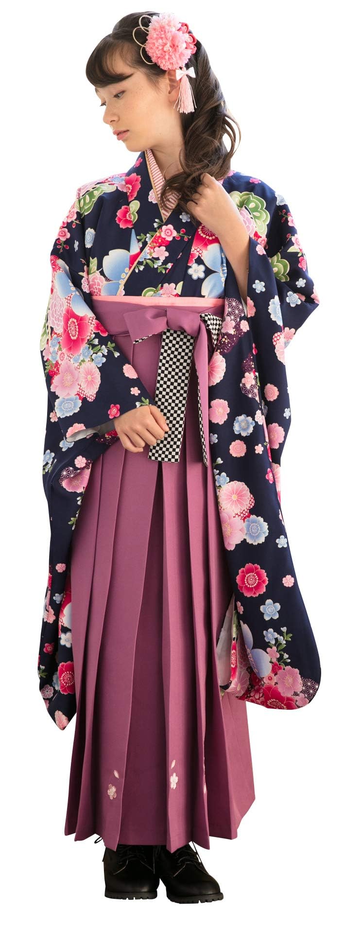 [アリサナ] 袴 小学生 セット 卒業式 女の子 着付け不要 簡単 (着物+半襟付き襦袢+袴+帯枕付き帯+腰紐の5点) A.ネイビー着物×薄紫袴 160cm