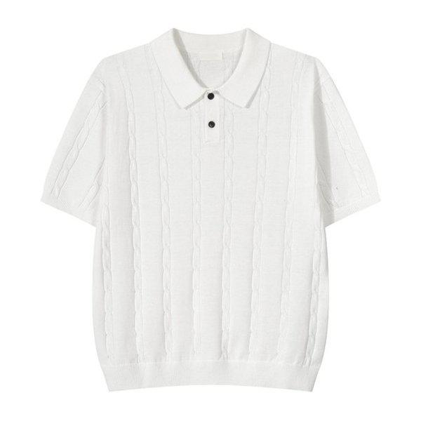 メンズプレミアムケーブルカラーネック半袖ニットTシャツ GN-KNH-Q013-アイボリー