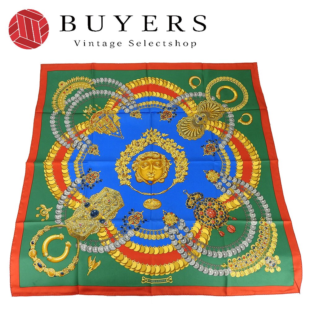 中古 エルメス スカーフ カレ90 シルク100％ KOSMIMA 宇宙 ブルー グリーン レッド レディース 女性 HERMES CARRE90 scarf silk blue green red【